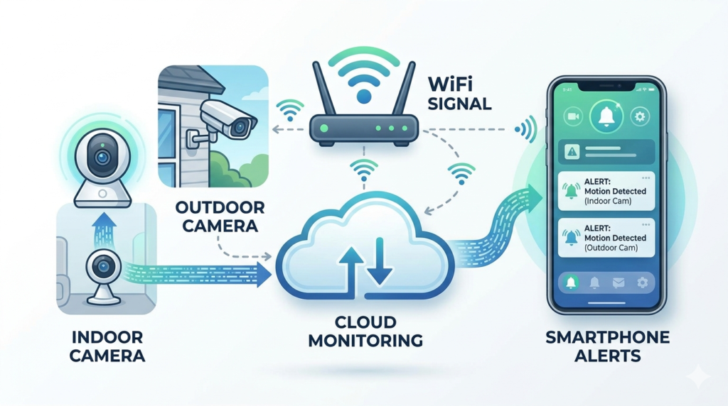 Wireless home security system features with cameras and WiFi monitoring