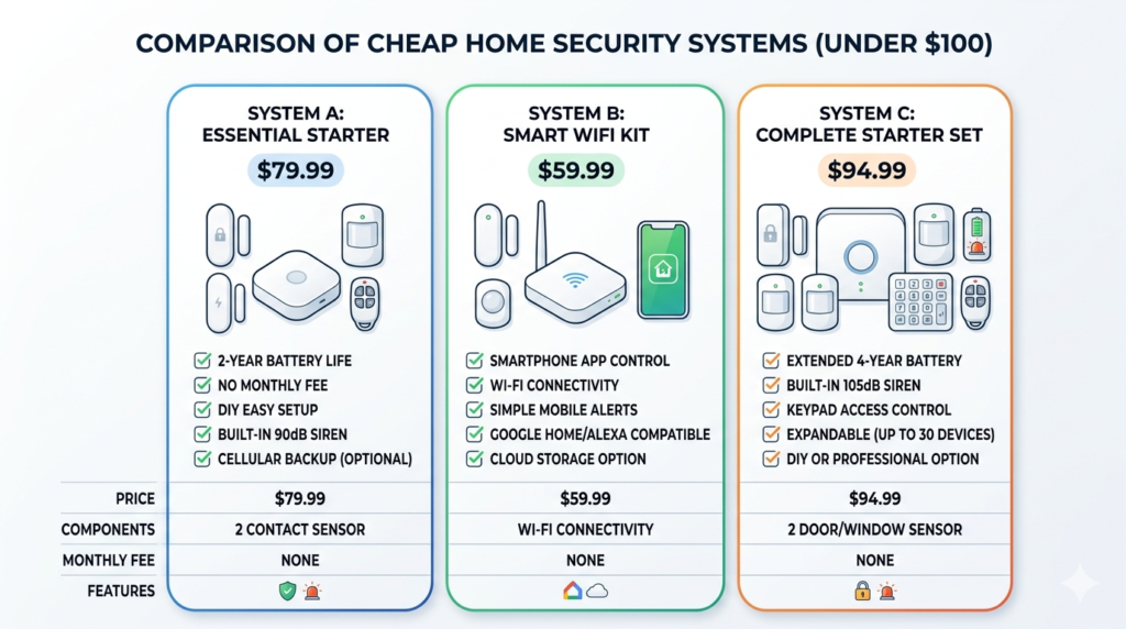 cheap home security system under $100 comparison features and prices