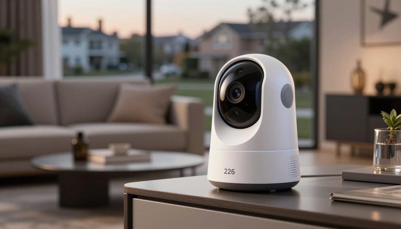 best ai home security camera 2026 sitting on a tabletop in a modern living room setting