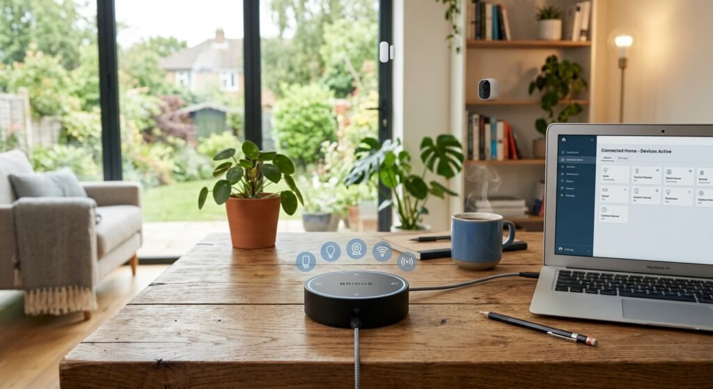 best matter smart home hub 2026 sitting on a living room table controlling connected smart home devices