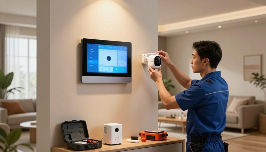 Technician mounting a white indoor smart security camera next to a wall-mounted touchscreen control panel.
