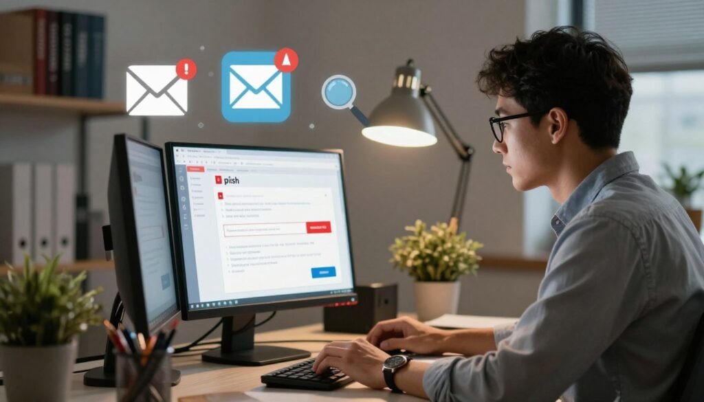 A man with glasses working on a computer, looking at a phishing email on his monitor with warning icons floating above his screen.