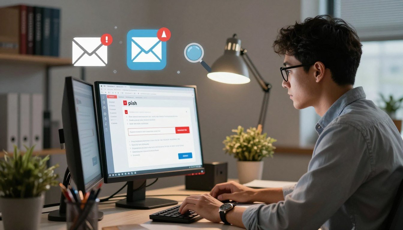 A man with glasses working on a computer, looking at a phishing email on his monitor with warning icons floating above his screen.